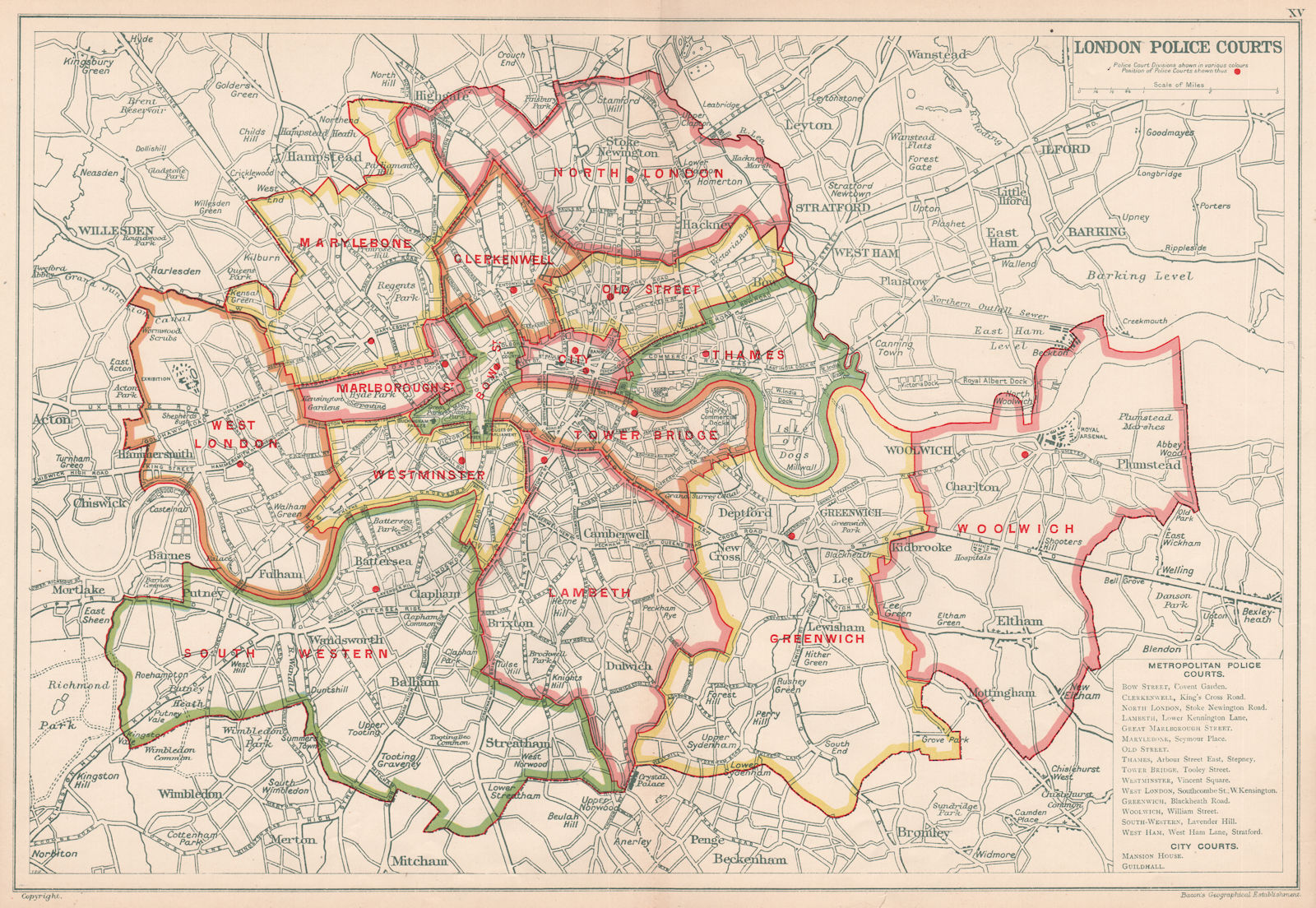 LONDON POLICE COURTS. Showing divisions & court locations. BACON 1927 old map